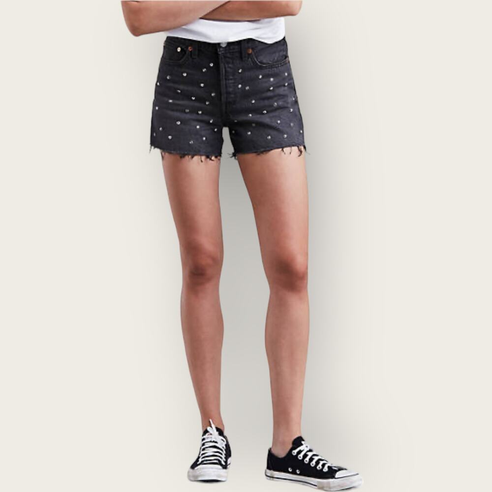 Levi's Wedgie Studded Shorts | Size 24 XXS | Black | Distressed Rhinestone Y2K